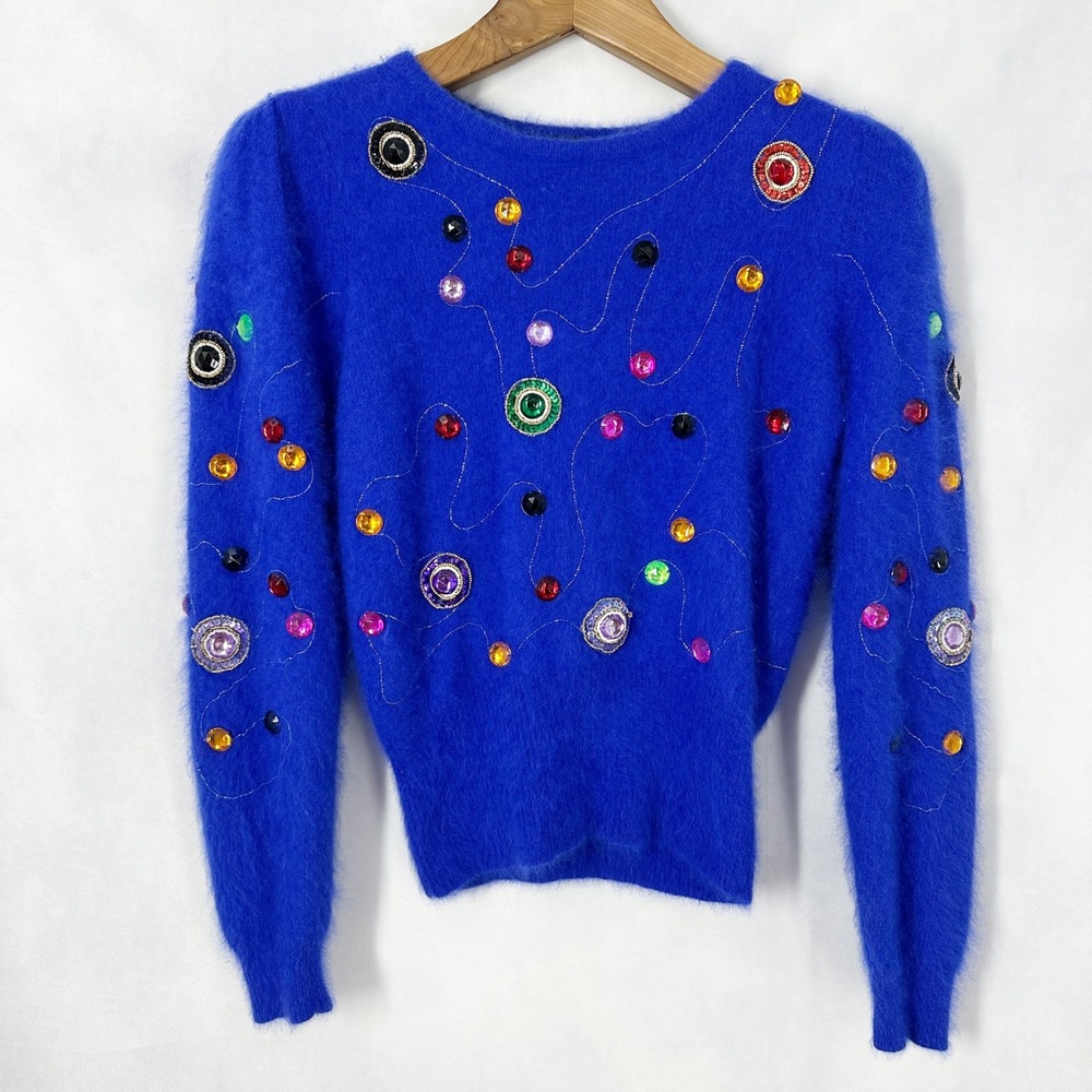 Vintage‎ Premier Collection Jewel Embellished Blue Angora Sweater Womens Size XS